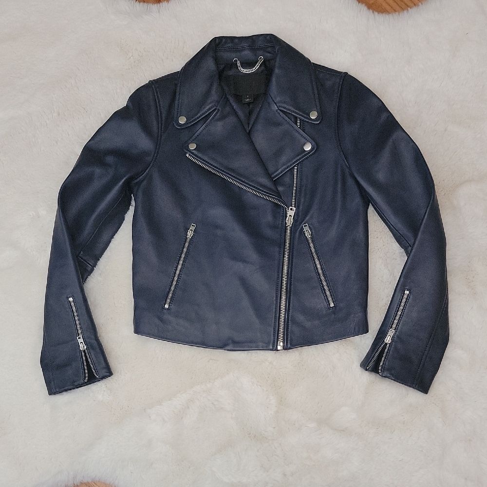 J. Crew Women's Navy Blue Leather Moto Jacket w Silver Hardware Size 4